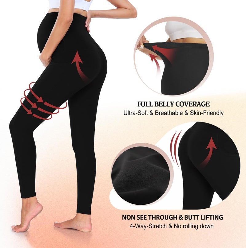 MoreFeel 4 Pack Women’s Maternity Leggings with Pockets Over The Belly Butt Lift - Soft Workout Pregnancy Yoga Pants - Image 3